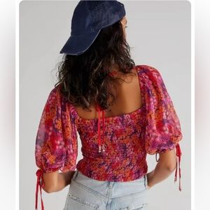 NWOT Free People Hot Pink Ditsy Floral Print Blouse Puff Sleeve Top, XL